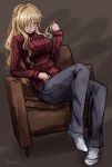  1girl alternate_costume armchair artist_name aurelia_(dorei_to_no_seikatsu) blonde_hair breasts chair dorei_to_no_seikatsu_~teaching_feeling~ full_body hair_over_one_eye hair_twirling half_updo large_breasts long_hair looking_at_viewer pants ray-k red_eyes red_sweater sitting smile socks solo sweater wavy_hair 