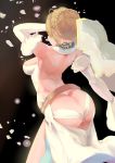  1girl absurdres ahoge arched_back armpits ass bare_back bare_shoulders blonde_hair braid breasts butt_crack cc_drawing chains cowboy_shot detached_sleeves dress fate/extra fate/extra_ccc fate_(series) french_braid from_side gloves highres long_sleeves medium_breasts open-back_dress panties saber_bride saber_extra short_hair solo underwear veil white_dress white_gloves white_panties 