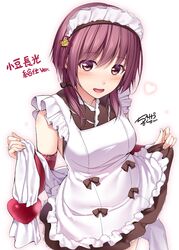  1girl :d apron black_bow black_dress blush bow breasts character_request chobipero cowboy_shot detached_sleeves dress frilled_apron frills hair_bow highres looking_at_viewer low_twintails maid maid_apron maid_headdress medium_breasts open_mouth purple_hair smile solo tenka_hyakken translation_request twintails violet_eyes white_apron 