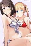  2girls arms_at_sides arms_behind_back bangs bare_arms bare_shoulders bikini black_ribbon bow breasts brown_eyes brown_hair cleavage closed_mouth collarbone commentary_request from_side front-tie_bikini front-tie_top hair_ribbon katou_megumi leaning_forward long_hair looking_at_viewer looking_to_the_side medium_breasts multiple_girls navel pink_background red_bikini ribbon saenai_heroine_no_sodatekata sawamura_spencer_eriri short_hair sidelocks simple_background sitting small_breasts smile stomach string_bikini striped striped_bikini striped_bow swimsuit tareme tasora thighs twintails twitter_username 