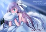  1girl aqua_eyes bangs bed blanket blush covering_face dated eyebrows_visible_through_hair fate/extra fate/extra_ccc fate_(series) hair_ribbon indoors kimura_shuuichi light_rays long_hair looking_at_viewer lying meltlilith nose_blush nude on_stomach pillow purple_hair ribbon sketch solo twitter_username very_long_hair white_ribbon 