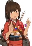  1girl arrow bangs blush brown_eyes brown_hair character_name commentary_request eyebrows_visible_through_hair floral_print fuyube_gin_(huyube) hair_ornament highres holding i-401_(kantai_collection) japanese_clothes japanese_flag kantai_collection kimono looking_at_viewer machinery obi official_style open_mouth ponytail sash short_hair sidelocks smile solo upper_body 