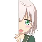  1girl blonde_hair green_eyes green_jacket green_sailor_collar jacket kantai_collection long_sleeves looking_at_viewer nagineko open_mouth peeking_out school_uniform shimushu_(kantai_collection) short_hair solo upper_body 