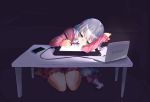  awara_t blue_eyes bow cellphone computer drawing eromanga_sensei hair_bow izumi_sagiri laptop long_hair low-tied_long_hair pajamas phone pink_bow pink_shorts shorts silver_hair sitting smartphone stylus table tablet 