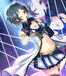  1girl bangs black_hair breasts cleavage commentary finger_to_mouth gloves hayami_kanade highres idolmaster idolmaster_cinderella_girls idolmaster_cinderella_girls_starlight_stage jewelry looking_at_viewer navel necklace one_eye_closed parted_bangs rocky0206 short_hair skirt smile solo yellow_eyes zoom_layer 