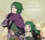  ! 1boy 1girl bag blush character_name circlet father_and_daughter fire_emblem fire_emblem_if floral_background gloves green_hair happy_birthday hiyori_(rindou66) long_hair midoriko_(fire_emblem_if) open_mouth scarf suzukaze_(fire_emblem_if) teeth twintails upper_body violet_eyes 
