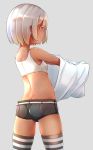  1girl ass bare_arms bare_shoulders breasts butt_crack colored_eyelashes comah crop_top dark_skin denim denim_shorts dressing erect_nipples from_behind midriff original red_eyes shiny shiny_hair shiny_skin short_hair shorts silver_hair skindentation small_breasts smile striped striped_legwear thigh-highs thighs 