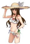  1girl aya_shachou bikini breasts brown_eyes brown_hair can fate/extra fate_(series) frills hat kishinami_hakuno_(female) long_hair medium_breasts navel soda_can straw_hat swimsuit 