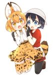  2girls :d animal_ears backpack bag bare_shoulders belt black_gloves black_hair black_legwear blonde_hair blue_eyes blush bow bowtie breasts brown_eyes brown_shoes bucket_hat chestnut_mouth clenched_hand clenched_hands elbow_gloves eyebrows_visible_through_hair fang full_body gau_(n00_shi) gloves hair_between_eyes hat hat_feather high-waist_skirt highres kaban_(kemono_friends) kemono_friends kneeling looking_at_another medium_breasts multiple_girls open_mouth pantyhose red_shirt serval_(kemono_friends) serval_ears serval_print serval_tail shirt shoes short_hair short_sleeves shorts simple_background skirt sleeveless sleeveless_shirt slit_pupils smile striped_tail tail thigh-highs white_background white_shirt white_shorts 