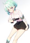  1girl ahoge aqua_hair black_skirt blood blood_on_face character_request copyright_request eyebrows_visible_through_hair grey_legwear gun handgun highres holding holding_gun holding_weapon kneehighs looking_away pistol sakuragi_ren short_hair skirt solo weapon 