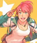 1girl annie_mei annie_mei_project breasts caleb_thomas cleavage earrings green_eyes hand_on_hip jacket jewelry lips medium_breasts open_clothes open_jacket pendant pink_hair ponytail salute solo star thick_eyebrows track_jacket yellow_background 