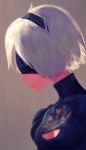  1girl acrylic_paint_(medium) black_dress blindfold covered_eyes dress highres ikelag mole nier_(series) nier_automata short_hair silver_hair solo traditional_media yorha_no._2_type_b 