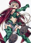  &gt;:o 1girl :o alleyne_(queen&#039;s_blade) armpits beret blue_hair boots braid breasts bustier cape cowboy_shot elbow_gloves elf gloves green_boots green_gloves hat holding holding_weapon incoming_attack lasso long_hair looking_at_viewer matsuryuu medium_breasts midriff navel open_mouth pointy_ears queen&#039;s_blade red_cape side_braid silver_hair solo stomach thigh-highs thigh_boots very_long_hair weapon 