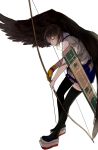  1girl archery arrow black_legwear black_wings bow_(weapon) brown_hair feathered_wings flight_deck gloves hakama hakama_skirt highres holding japanese_clothes kaga_(kantai_collection) kantai_collection kyuudou long_hair muneate partly_fingerless_gloves pleated_skirt quiver short_hair shuu-0208 side_ponytail simple_background single_glove skirt solo tasuki thigh-highs weapon white_background wings yellow_eyes yugake 