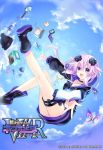  1girl adult_neptune blush book d-pad falling female hair_ornament hood jacket long_hair looking_at_viewer neptune_(series) official_art purple_hair shin_jigen_game_neptune_vii sky smile solo track_jacket tsunako violet_eyes 