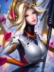  1girl artist_name blonde_hair blue_eyes blue_sky blush bodysuit breasts brown_legwear cherry_blossoms clouds cowboy_shot emblem eyelashes eyeliner eyeshadow faulds glowing glowing_wings hair_tie high_ponytail highres holding holding_staff looking_at_viewer makeup marker_(medium) mechanical_halo mechanical_wings medium_breasts mercy_(overwatch) michelle_hoefener nose outdoors overwatch parted_lips patreon_username pelvic_curtain petals pink_lips signature sky smile solo spread_wings staff traditional_media wings yellow_wings 