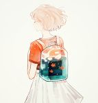  1girl animal artist_name backpack bag bird closed_eyes fish floating_hair from_behind hand_up muted_color original red_shirt shirt short_hair simple_background skirt standing t-shirt tofuvi transparent upper_body water 