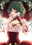  1girl black_bra blouse bra breasts cleavage collarbone corset fangs flower green_hair high_collar kazami_yuuka lace lace-trimmed_bra lips medium_breasts mokokiyo_(asaddr) parasol puffy_short_sleeves puffy_sleeves red_eyes red_skirt short_sleeves skirt solo symbol-shaped_pupils touhou umbrella underbust underwear wavy_hair white_blouse 