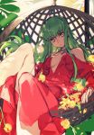  1girl bangs bare_shoulders black_choker breasts breasts_apart c.c. choker code_geass commentary_request creayus dappled_sunlight day dress evening_gown expressionless eyebrows_visible_through_hair flower foreshortening green_hair hair_between_eyes head_tilt knees_up legs long_hair long_sleeves looking_at_viewer lying medium_breasts on_back parted_lips petals plant shoulder_cutout sidelocks sketch solo spaghetti_strap straight_hair sunlight tsurime very_long_hair yellow_eyes 