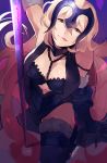  1girl bangs bare_shoulders blonde_hair breasts chains cleavage dated elbow_gloves fate/grand_order fate_(series) from_above fur_trim gloves half-closed_eyes headpiece highres jeanne_alter licking_lips long_hair looking_at_viewer medium_breasts navel pale_skin ruler_(fate/apocrypha) sitting smile solo tongue tongue_out very_long_hair yellow_eyes 