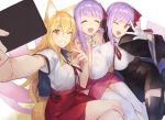  3girls animal_ears bare_shoulders bb_(fate/extra_ccc) black_legwear blonde_hair breast_press breasts closed_eyes colored_eyelashes fate/extra fate/extra_ccc fate/extra_ccc_fox_tail fate_(series) fox_ears fox_tail gloves grin hair_ribbon huge_breasts lace lace-trimmed_thighhighs large_breasts long_hair looking_at_viewer multiple_girls o-ring_top one_eye_closed open_mouth passion_lip purple_hair ribbon saber_(fate/extra_ccc_fox_tail) self_shot smile tail thigh-highs v v_over_eye very_long_hair violet_eyes white_gloves yomo_(majidon) 