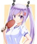  1girl arrow bow commentary commentary_request hair_bow hair_ornament hairpin hand_on_hip holding kamiya_agari long_hair paddle purple_hair shakunetsu_no_takkyuu_musume shirt smug sportswear t-shirt table_tennis_paddle trg_(pixiv) twintails upper_body violet_eyes 