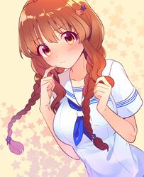  1girl :3 bbbannooo blue_neckerchief blush braid eyebrows_visible_through_hair hair_ornament idolmaster idolmaster_cinderella_girls long_hair looking_at_viewer moroboshi_kirari neckerchief orange_eyes orange_hair solo star star_hair_ornament sweatdrop twin_braids 