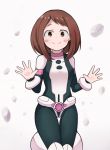  1girl april_cho belt blush_stickers bodysuit boku_no_hero_academia breasts brown_eyes brown_hair looking_at_viewer short_hair simple_background smile solo uraraka_ochako utility_belt white_background 