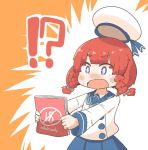  !? beret blush braid doujinshi etorofu_(kantai_collection) hat inishie kantai_collection manga_(object) redhead school_uniform solo twin_braids 