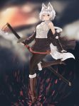  1girl animal_ears black_legwear boots ehrrr highres inubashiri_momiji jacket pom_pom_(clothes) red_eyes short_hair skirt sweater_vest sword tail thigh-highs thigh_boots touhou weapon white_hair wolf_ears wolf_tail 