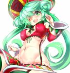  1girl ;d bow bra breasts breasts_apart cowboy_shot detached_collar double_bun flower_knight_girl green_eyes green_hair hat keikotsu long_hair looking_at_viewer midriff navel one_eye_closed open_mouth red_bra skirt smile solo striped striped_bow twintails underwear watachorogi_(flower_knight_girl) white_background 