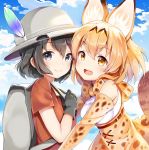  2girls animal_ears backpack bag black_eyes black_gloves black_hair blush bow bowtie bucket_hat eyebrows_visible_through_hair feathers gloves hat kaban_(kemono_friends) kemono_friends looking_at_viewer multiple_girls open_mouth orange_bow orange_bowtie orange_eyes orange_hair orange_skirt serval_(kemono_friends) serval_ears serval_tail short_hair sibyl skirt smile tail teeth 