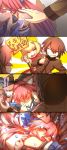  1boy 2girls 4koma ahoge animal_ears blonde_hair blue_legwear blush blush_stickers breasts brown_hair cleavage closed_eyes collarbone comic crying detached_sleeves dress epaulettes fate/extra fate/extra_ccc fate/grand_order fate_(series) fox_ears fox_tail hair_ribbon highres japanese_clothes kishinami_hakuno_(male) large_breasts lock long_hair multiple_girls nero_claudius_(fate) nero_claudius_(fate)_(all) open_mouth padlock pink_hair red_dress ribbon school_uniform tail tamamo_(fate)_(all) tamamo_no_mae_(fate) tears translation_request wavy_mouth wisespeak 