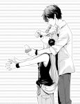  1boy 1girl ahoge bare_shoulders box fanny_pack feeding glasses greyscale haru_no_pan_matsuri headphones height_difference highres kurusu_akira long_hair looking_up monochrome outstretched_arms persona persona_5 sakura_futaba sleeveless tank_top watch watch wristband 