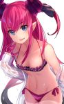  1girl absurdres asymmetrical_horns bare_shoulders blue_eyes blush breasts collarbone detached_sleeves dragon_tail fate/extra fate/extra_ccc fate/grand_order fate_(series) gendo0032 highres horns lancer_(fate/extra_ccc) lips long_hair looking_at_viewer navel open_mouth panties pink_hair pink_panties pointy_ears revealing_clothes small_breasts tail thighs two_side_up underwear 