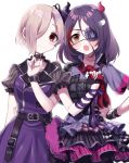  2girls :o arm_at_side belt black_collar black_gloves black_skirt blush buttons checkered checkered_skirt closed_mouth collar collar_grab demon_horns dress eyepatch fake_horns fang fingerless_gloves frilled_sleeves frills fur-trimmed_skirt gloves hair_between_eyes hair_ornament hair_over_one_eye hairclip hand_on_hip hayasaka_mirei head_tilt highres horns idolmaster idolmaster_cinderella_girls idolmaster_cinderella_girls_starlight_stage layered_skirt locked_arms looking_at_viewer multicolored multicolored_clothes multicolored_hair multicolored_shirt multicolored_skirt multiple_girls necktie necktie_grab neckwear_grab open_mouth pink_skirt plaid plaid_shirt pocket puffy_short_sleeves puffy_sleeves purple_dress purple_hair purple_ribbon purple_shirt red_eyes red_necktie redhead ribbon shirasaka_koume shirt shirt_pocket short_eyebrows short_hair short_sleeves simple_background sinsihukunokonaka skirt smile standing striped striped_skirt tareme two-tone_hair upper_body white_background wrist_ribbon wristband yellow_eyes zipper 