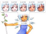  1girl alternate_skin_color blue_dress blue_eyes blue_hair cirno commentary dress emoji flower hidden_star_in_four_seasons ice ice_wings laoism open_mouth plant short_hair solo tan tanned_cirno touhou unicode vines wings 
