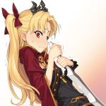  1girl bangs blonde_hair blush cape earrings ereshkigal_(fate/grand_order) fate/grand_order fate_(series) hair_ribbon holding holding_weapon ikezawa_shin jewelry knife long_hair red_cape red_eyes red_ribbon ribbon solo sweat tiara tohsaka_rin twintails weapon 