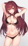  1girl :o arms_up bikini black_bikini breasts cleavage commentary_request criss-cross_halter eyebrows_visible_through_hair fate/grand_order fate_(series) hair_between_eyes halterneck hands_in_hair heart_pendant highres hips long_hair looking_at_viewer medium_breasts multi-strapped_bikini navel open_mouth purple_hair red_eyes scathach_(fate/grand_order) simple_background solo swimsuit thighs waist yuran_(cozyquilt) 