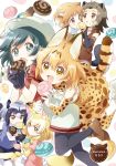  6+girls :d :o ahoge american_beaver_(kemono_friends) animal_ears animal_print ankle_boots antenna_hair artist_name backpack bag bangs_pinned_back bare_shoulders beaver_ears beaver_tail beige_shorts beige_sweater belt black-tailed_prairie_dog_(kemono_friends) black_eyes black_gloves black_hair black_legwear black_ribbon black_skirt black_swimsuit blonde_hair blue_shirt blush boots bow bowtie brown_belt brown_eyes brown_jacket brown_shoes bucket_hat clenched_hand closed_mouth collarbone common_raccoon_(kemono_friends) dot_nose dotted_line elbow_gloves extra_ears eye_contact eyebrows eyebrows_visible_through_hair eyelashes fang fennec_(kemono_friends) floating food food_in_mouth food_on_face fox_ears fox_tail from_side fur_collar fur_trim glomp gloves gradient_clothes gradient_hair gradient_legwear green_bow green_bowtie green_ribbon grey_hair hair_between_eyes hair_ornament hairclip hands_together hat hat_feather high-waist_skirt highres holding holding_food hug hug_from_behind jacket jitome jumping kaban_(kemono_friends) kemono_friends leg_lift legs_up light_brown_hair loafers long_sleeves looking_at_another looking_at_viewer looking_to_the_side mouth_hold multicolored multicolored_background multicolored_clothes multicolored_hair multicolored_legwear multiple_girls namori one-piece_swimsuit open_clothes open_jacket open_mouth orange_hair pantyhose pink_sweater pleated_skirt popped_collar prairie_dog_ears prairie_dog_tail print_bow print_bowtie print_gloves print_legwear print_skirt puffy_short_sleeves puffy_sleeves raccoon_ears raccoon_tail red_shirt ribbon serval_(kemono_friends) serval_ears serval_print serval_tail sharing_food shirt shoe_ribbon shoe_soles shoes short_hair short_shorts short_sleeve_sweater short_sleeves shorts skirt sleeveless sleeveless_jacket sleeveless_shirt smile socks socks_over_thighhighs striped_tail sweater swimsuit swimsuit_under_clothes tail teeth thigh-highs tsurime two-tone_hair waist_hug white_background white_boots white_footwear white_hair white_legwear white_shirt white_shoes white_skirt yellow_bow yellow_bowtie yellow_eyes yellow_gloves yellow_legwear zettai_ryouiki 