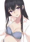  1girl :p bangs black_hair blue_bra blue_eyes blue_panties blush bra breasts closed_mouth collarbone dress_shirt hair_between_eyes highres koe_no_katachi light_smile long_hair long_sleeves looking_at_viewer medium_breasts navel norman_maggot open_clothes open_shirt panties shirt simple_background solo tongue tongue_out ueno_naoka underwear upper_body white_background 