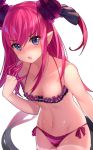  1girl absurdres bare_arms bare_shoulders blue_eyes blush breasts collarbone dragon_tail embarrassed fang fate/extra fate/extra_ccc fate/grand_order fate_(series) gendo0032 highres horns lancer_(fate/extra_ccc) lips long_hair looking_at_viewer navel panties pink_hair pink_panties pointy_ears revealing_clothes small_breasts tail thighs two_side_up underwear 