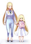  2girls age_switch bangs blonde_hair blunt_bangs braid character_doll clefable closed_eyes dress french_braid gem green_eyes hair_over_shoulder hand_holding highres lillie_(pokemon) long_hair looking_at_viewer lusamine_(pokemon) mother_and_daughter multiple_girls older pokemon pokemon_(game) pokemon_sm revision role_reversal sandals shiroinuchikusyo smile very_long_hair white_background white_dress younger 