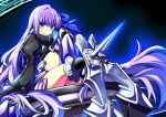  &gt;:/ 1girl :/ armor armored_boots baba_(baba_seimaijo) bangs blue_eyes boots closed_mouth fate/extra fate/extra_ccc fate/grand_order fate_(series) hair_ribbon highres juliet_sleeves long_hair long_sleeves looking_at_viewer meltlilith midriff navel puffy_sleeves purple_hair revealing_clothes ribbon sitting solo stomach very_long_hair 