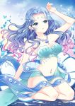  1girl :o beads blue_eyes blue_hair bustier full_body gradient_hair highres jewelry looking_at_viewer multicolored_hair navel_piercing necklace original piercing purple_hair seishou_shinrin seiza sitting solo water wavy_hair 