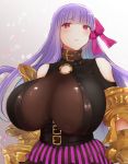  1girl bare_shoulders belt_collar bodysuit bow breasts claws fate/extra fate/extra_ccc fate/grand_order fate_(series) gigantic_breasts hair_bow hair_ribbon long_hair moshoko_(mizuneroku) o-ring_top passion_lip pink_bow pink_eyes pout purple_hair ribbon solo very_long_hair 