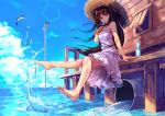  1girl barefoot black_hair commentary_request dress eyebrows_visible_through_hair fish food hat highres hopepe long_hair looking_at_viewer megaphone original popsicle red_eyes sitting solo splashing straw_hat sundress water 
