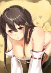  1girl black_hair black_legwear blush boots breasts brown_eyes cleavage commentary_request detached_sleeves hair_ornament hairband hairclip haruna_(kantai_collection) japanese_clothes kantai_collection large_breasts long_hair nontraditional_miko poco_(backboa) remodel_(kantai_collection) ribbon-trimmed_sleeves ribbon_trim sarashi solo thigh-highs thigh_boots 