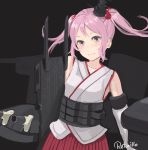  black_background cannon cosplay flight_deck fusou_(kantai_collection) fusou_(kantai_collection)_(cosplay) highres kantai_collection pink_eyes pink_hair retorillo rigging sazanami_(kantai_collection) twintails 