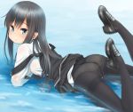  1girl asashio_(kantai_collection) ass black_hair black_legwear blue_eyes commentary highres kantai_collection loafers long_hair looking_at_viewer lying on_stomach panties panties_under_pantyhose pantyhose partially_submerged retsu_maru shoes solo suspenders the_pose thighband_pantyhose underwear 